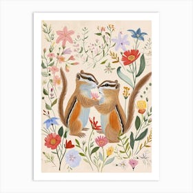 Folksy Floral Animal Drawing Chipmunk 3 Art Print