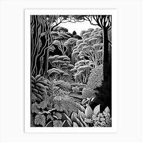 Royal Botanic Gardens, Sydney, Australia Linocut Black And White Vintage Art Print