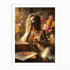 Lady With A Glass Of Golden Wine 3 Art Print