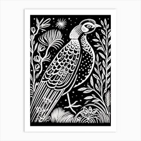 B&W Bird Linocut Pheasant 1 Art Print