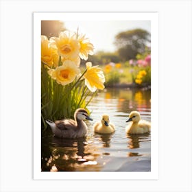 Cute Baby Birds Including A Yellow Duckling And A Fluffy Cygnet From The Anas Platyrhynchos Family Art Print