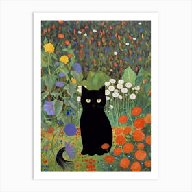 Flower Garden And A Black Cat, Inspired By Klimt 4 Art Print