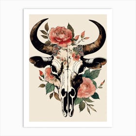 Vintage Boho Bull Skull Flowers Painting (17) Art Print