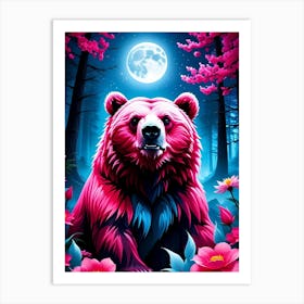 Pink Bear In The Forest Art Print