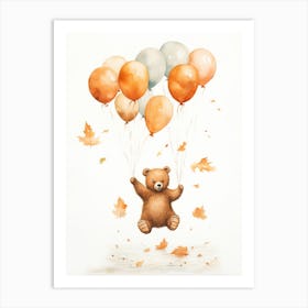Bear Flying With Autumn Fall Pumpkins And Balloons Watercolour Nursery 1 Art Print