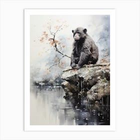 Jigokudani Monkey Park In Nagano, Japanese Brush Painting, Ukiyo E, Minimal 4 Art Print