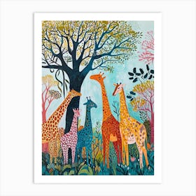 Cute Giraffe Herd Under The Trees Illustration 1 Art Print