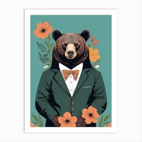 Floral Black Bear Portrait In A Suit (31) Art Print