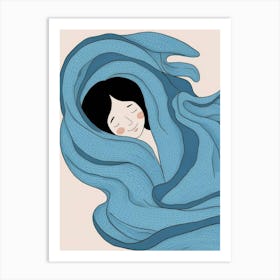 Girl Sleeping In A Blue Blanket Art Print