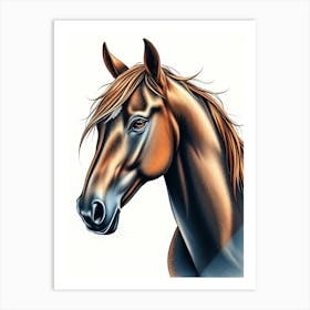 Brown Horse Color Portrait Drawing Art Print