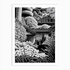 Claude Monet Foundation Gardens, 1, France Linocut Black And White Vintage Art Print