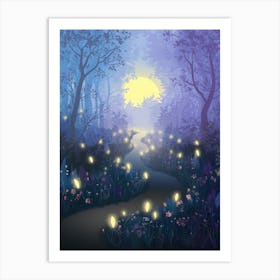 Illustration Of A Forest With Fireflies Art Print