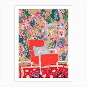 Red Mid Century Chair Interior With Tiger Art Print