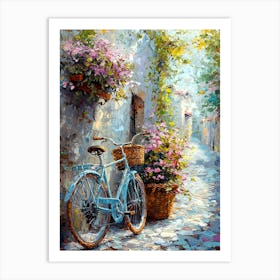 Charming Vintage Bicycle With Flowers – Rustic Alleyway Wall Art Print Art Print