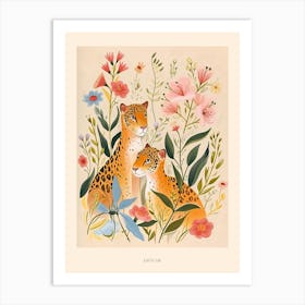 Folksy Floral Animal Drawing Jaguar 6 Poster Art Print