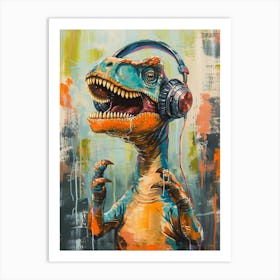 Green Orange Blue Dinosaur With Headphones On 2 Art Print