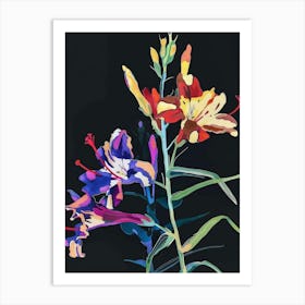 Neon Flowers On Black Larkspur 1 Art Print