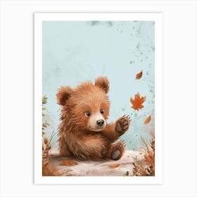 Brown Bear Cub Playing With A Fallen Leaf Storybook Illustration 3 Art Print