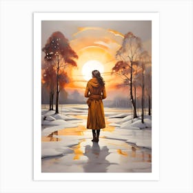 Woman Walking In The Snow . Art Print