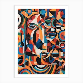 Multitude - Abstract Art Deco Geometric Shapes Oil Painting Modernist Picasso Inspired Bold Gold Green Turquoise Red Face Visionary Fantasy Style Wall Decor Surrealism Trippy Cool Room Art Invoke Psychedelic Art Print