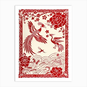 Chinese Papercut Art In Red And White Colors Depicts ，It Uses Simple Lines And Simple Details With A Flat Design And Simple Shapes To It Includes Elements Such As Flowers, Birds, Auspicious Clouds, Creating A Festive Atmosphere For C 1 Affiche