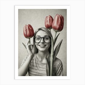 Young Woman With Glasses And Tulips Art Print