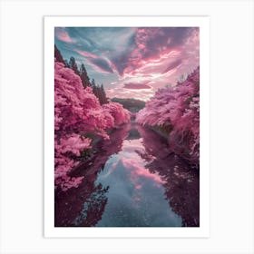 Cherry Blossoms And River At Sunset Art Print