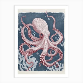 Retro Linocut Inspired Red & Navy Octopus 2 Art Print
