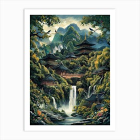 Japanese Temple in Mountain Waterfall Forest Art Painting #5 Art Print