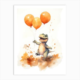Dinosaur T Rex Flying With Autumn Fall Pumpkins And Balloons Watercolour Nursery 3 Art Print