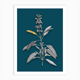 Vintage Sage Plant Black and White Gold Leaf Floral Art on Teal Blue n.0172 Art Print