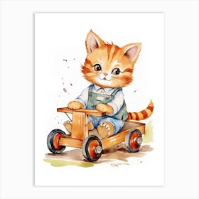 Kitten On Toy Car, Watercolour Nursery 2 Art Print