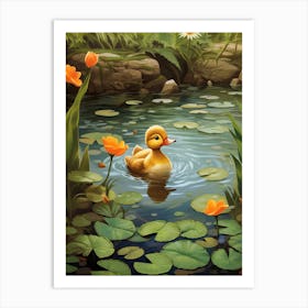 Cartoon Duckling Swimming With Water Lilies 2 Art Print