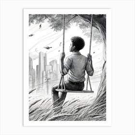 Moody Man on Swing Sketch 5 Art Print