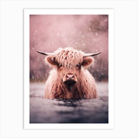 Pink Photography Style Of Highland Cow In The Rain 1 Art Print