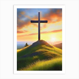 Cross On A Hill Near An Ocean Sunrise Art Print