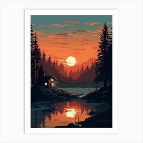 Cabin In The Woods At Sunset Art Print