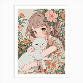 Cute Girl With Cat 2 Art Print