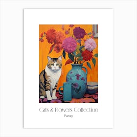 Cats & Flowers Collection Pansy Flower Vase And A Cat, A Painting In The Style Of Matisse 3 Art Print