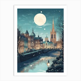 Winter Travel Night Illustration Dublin Ireland 1 Art Print