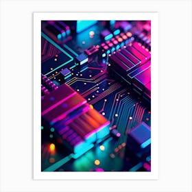 An Intricate Close Up View Of A Circuit Board With Glowing Lines And Components In Vibrant Pink, Blue, And Orange Hues Art Print