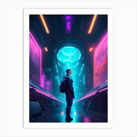 Subway Station Illuminated With Neon Lights Art Print