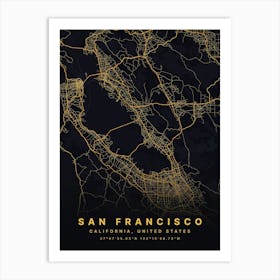 San Francisco California USA Black And Gold Map Art Print