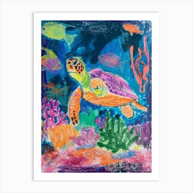 Abstract Rainbow Sea Turtle Underwater Crayon Drawing 2 Art Print