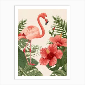 Lesser Flamingo And Hibiscus Minimalist Illustration 2 Art Print