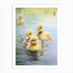 Ducklings Swimming In The River Pencil Illustration 4 Art Print