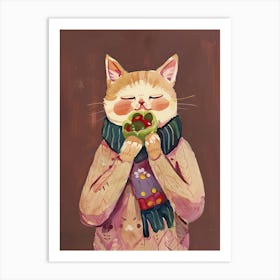 Cute Tan Cat Eating A Salad Folk Illustration 4 Art Print