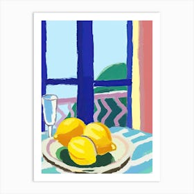Painting Of A Lemons And Wine, Frenchch Riviera View, Checkered Cloth, Matisse Style 2 Art Print