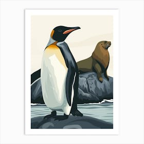 King Penguin Sea Lion Island Minimalist Illustration 4 Art Print