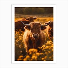 Highland Cows In Flower Field No 2 Art Print